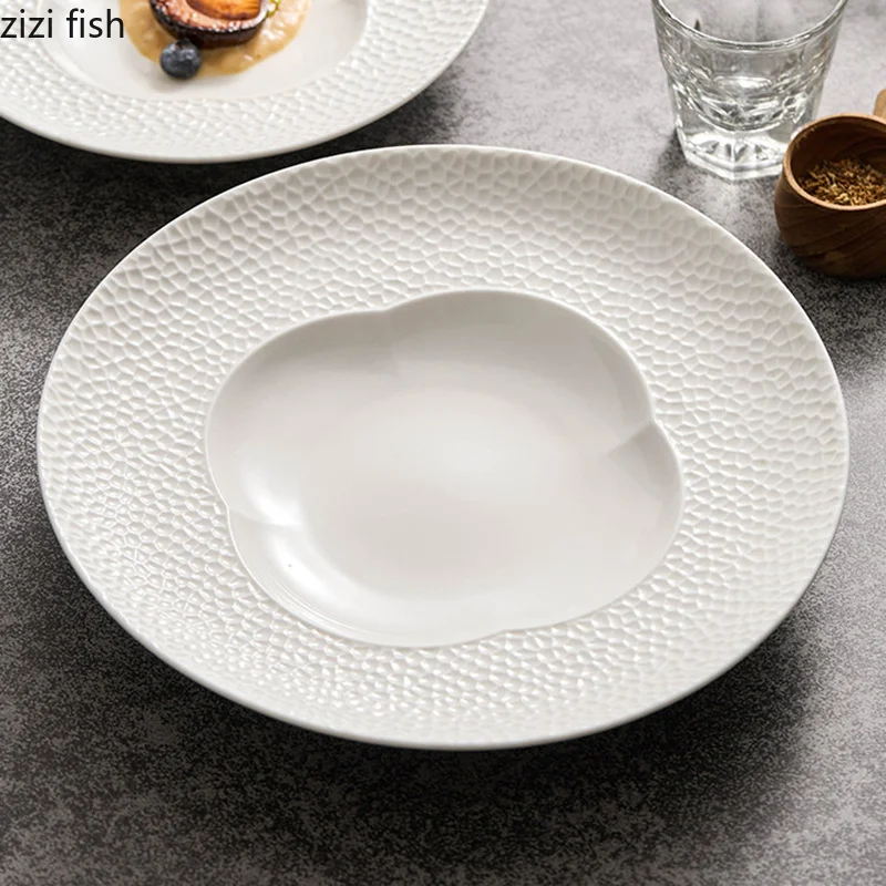 Circular Hammer Pattern Ceramic Plate White Salad Plate Thick Soup Plate Pasta Dessert Dish Serving Plates Restaurant Tableware