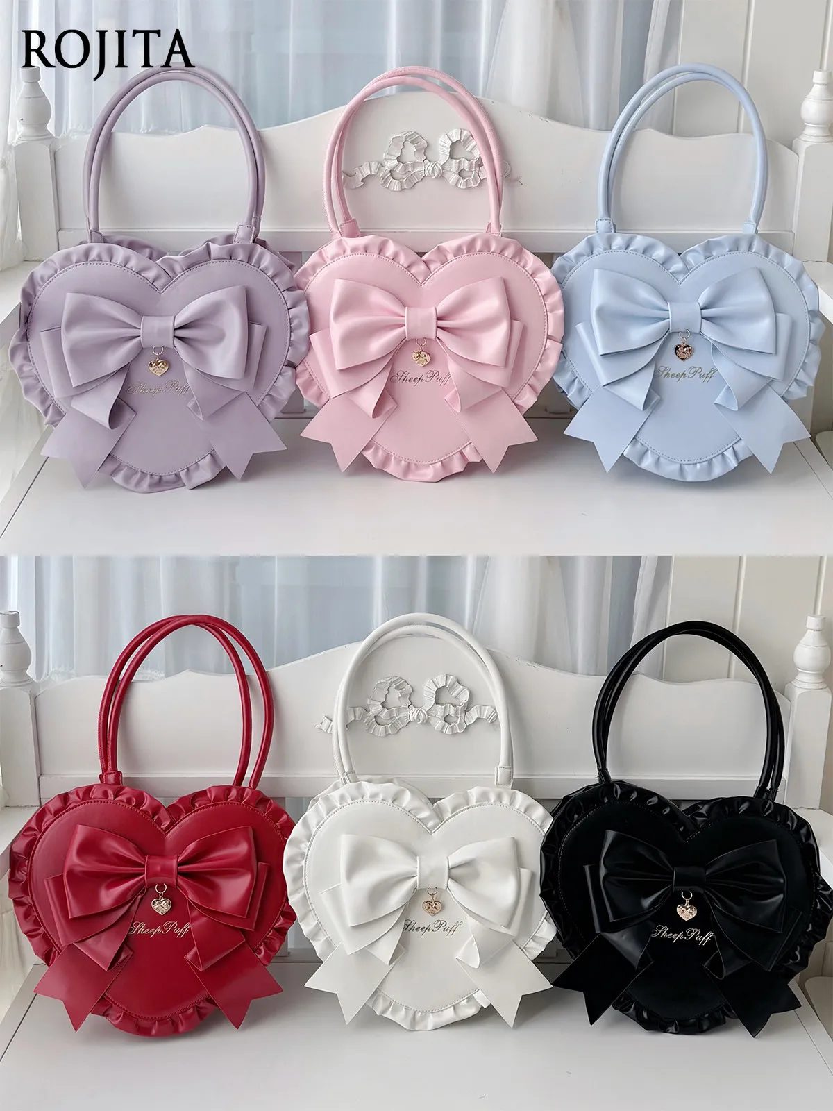 Cute Ruffle Heart Shape Handbag Women Big Bow Lolita Bag Sweet Kawaii Purse SheepPuff Embroidery Shoulder Crossbody Bag