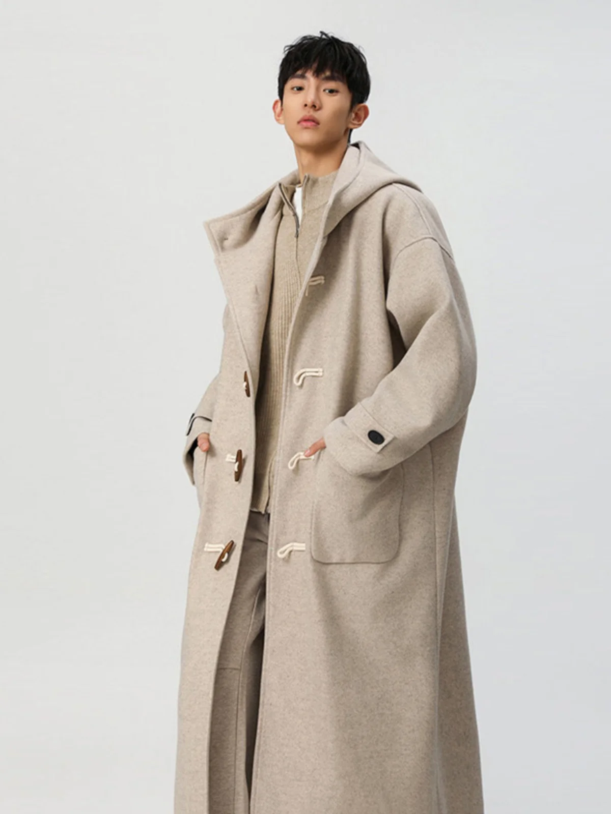 

Olive een Woolen Coat with Horn Buttons Long Thi Autumn Winter Men's Faionable Casual Windbreaker Hooded Jaet