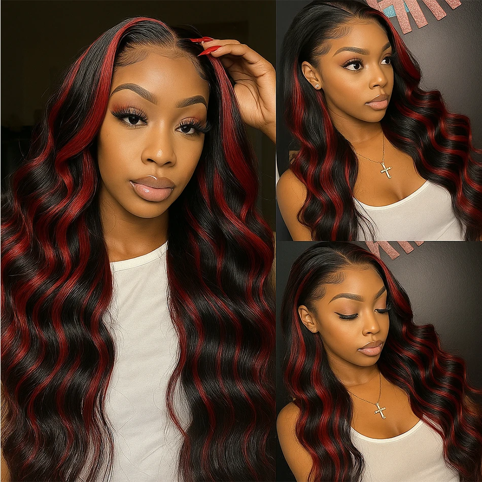 1B/99J オンバーブラック（赤色のハイライト入り）5x5 グルーレスボディウェーブウィッグ、装着簡単、人毛30インチHDレースクロージャーウィッグ、プレプラッキング済み