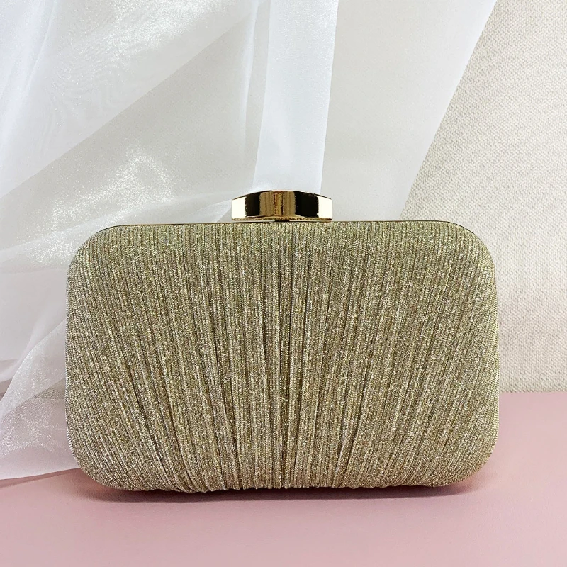 Sparkling Pleated Small Square Evening Bag Banquet Bright Gold Clutch Purse Formal Party Women's Handbag with Crossbody Chain