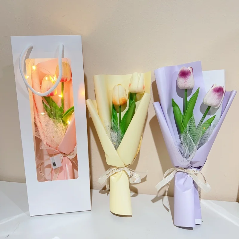 Creative Hand-held Tulip Bouquet Flowers Crochet Flowers Puff With Light Strings Handmade Teacher's Day Valentine's Day Gift