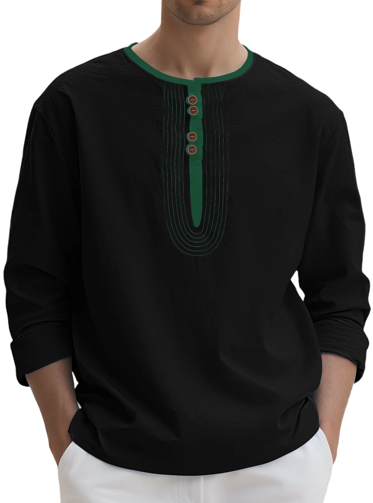 Cross-border Men's Solid Color Linen Loose Casual Sports Long-sleeved Shirt Cw55422