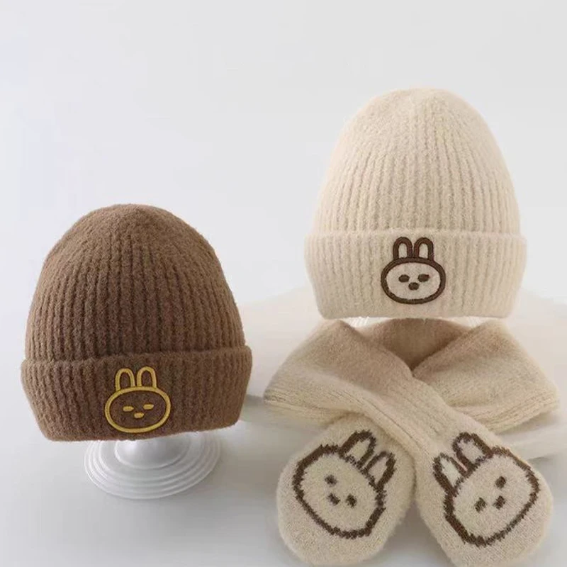 Gorros y bufandas para niños, gorro de conejito de estilo coreano, conjunto de dos piezas, moda, Otoño e Invierno