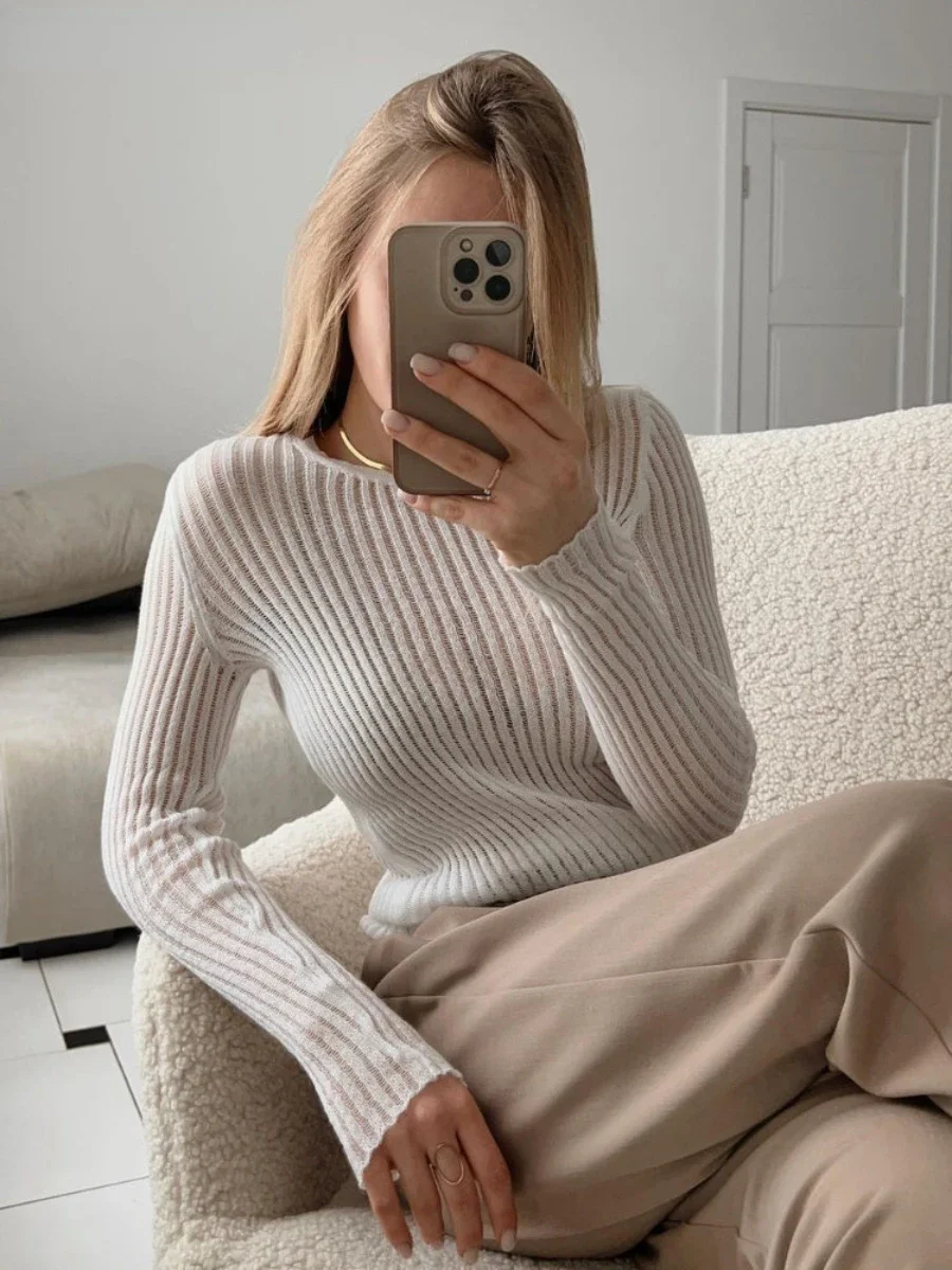 Wolfeel Fashion White Elegant Striped See Through Women Tops Outfits Long Sleeve T-Shirts Tees Skinny Club Party Clothes 2023