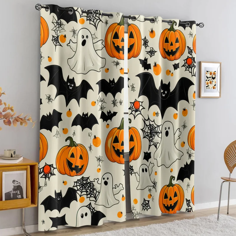 2Pc Cute Halloween Curtains Ghost Pumpkin Bat Spider Web Window Drapes, Soft Blackout Curtain for Bedroom Living Room