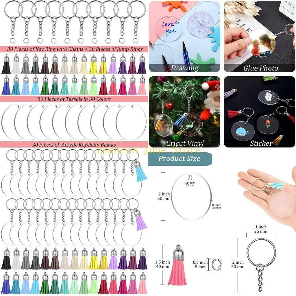 N5KA 120Pcs Round Clear Discs Circles Tassel Acrylic Keychain Blanks with for Key Rings Transparent Acrylic Ornaments Blanks