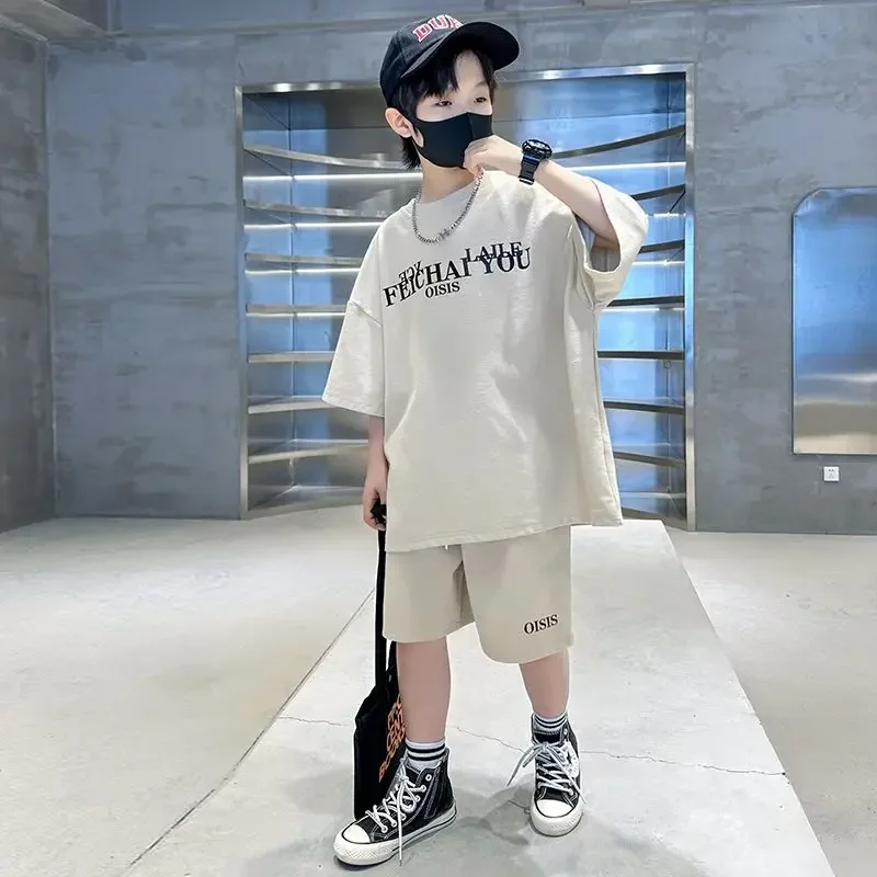 Summer Kids Fashion Sports Short Suits 4-14 Years Boys 2pcs Letter T-shirt+Pants Sets Teenage Boys Streetwear Outfits Clothes