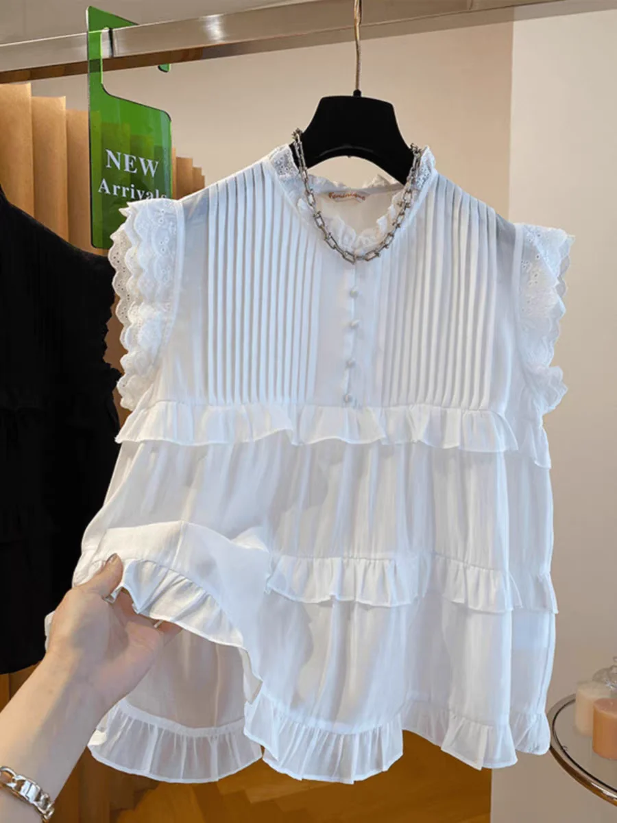 Summer New Loose Girl's Shirt with Lace Splicing Pleated Design Flying Sleeve Baby Doll Style Korean Style Commute Style Pure...