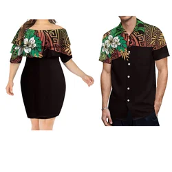 Samoa Women'S Club Dress Summer Polynesian Custom Couple Set Women'S Slim-Fit Lotus Leaf Dress Men'S Loose Fashion Shirt