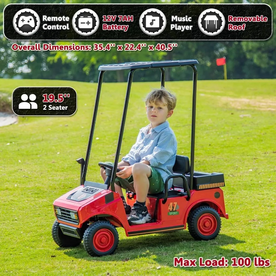 リモコン付きゴルフカート、2人乗り、男の子と女の子向けの乗用玩具、12Vバッテリー駆動の電動車両、プラスチック製の屋根付き