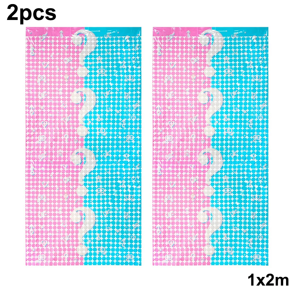 성별 공개 파티 장식, 금속 틴셀 호일 프린지 커튼, 성별 공개 베이비 샤워 핑크, 파란색 사진 배경, 2 개