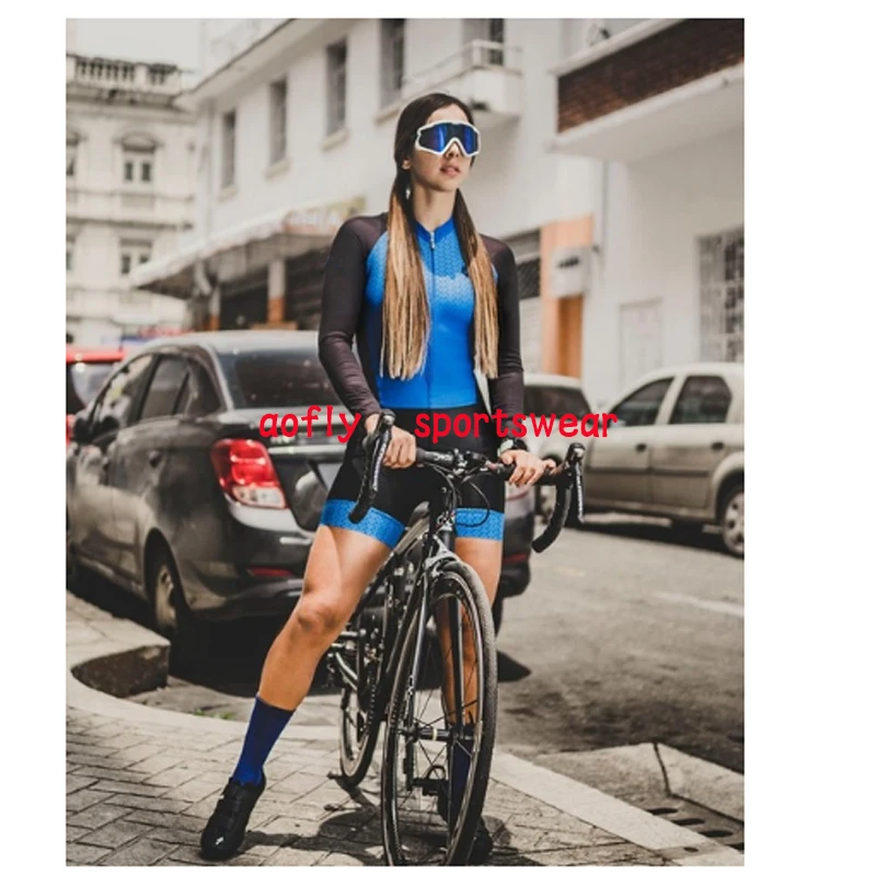 Kafitt Blue Women‘s long Triathlon Cycling clothes Skinsuit sets Macaquinho Ciclismo Feminino MTB BIKE Clothing  Jumpsuit kits