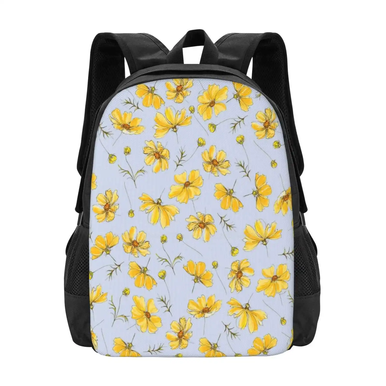 Yellow Cosmos Flowers Pattern Design Bag Student'S Backpack Cosmos Flowers Yellow Nature Gold Natural Daisy Wildflowers Floral