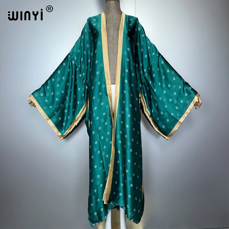 WINYI kimono fashion print sweet lady beach Bohemian long Cardigan Cover-up stitch Casual Boho Maxi Holiday party kimono
