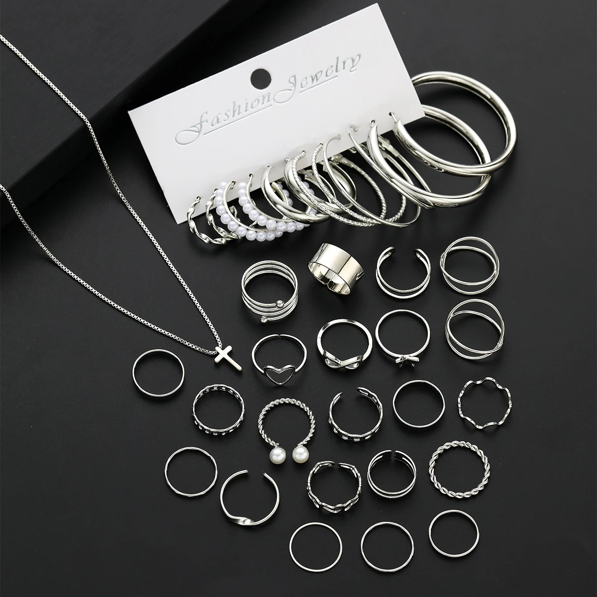 35 Pcs/Set Elegant Personality Imitation Pearl Earrings Rings Cross Necklace Jewelry Set For Women Daily Wear Vintage Jewelry - view 5