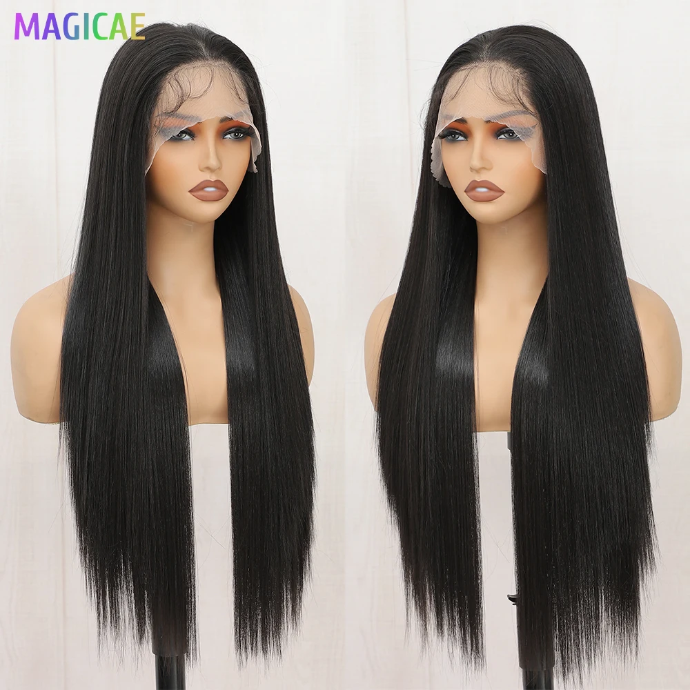 MAGICAE 13X4 Rambut Sintetis Lurus Panjang Wig Renda Depan Transparan dengan Rambut Bayi 30 Inci Pelucas De Mujer Hitam