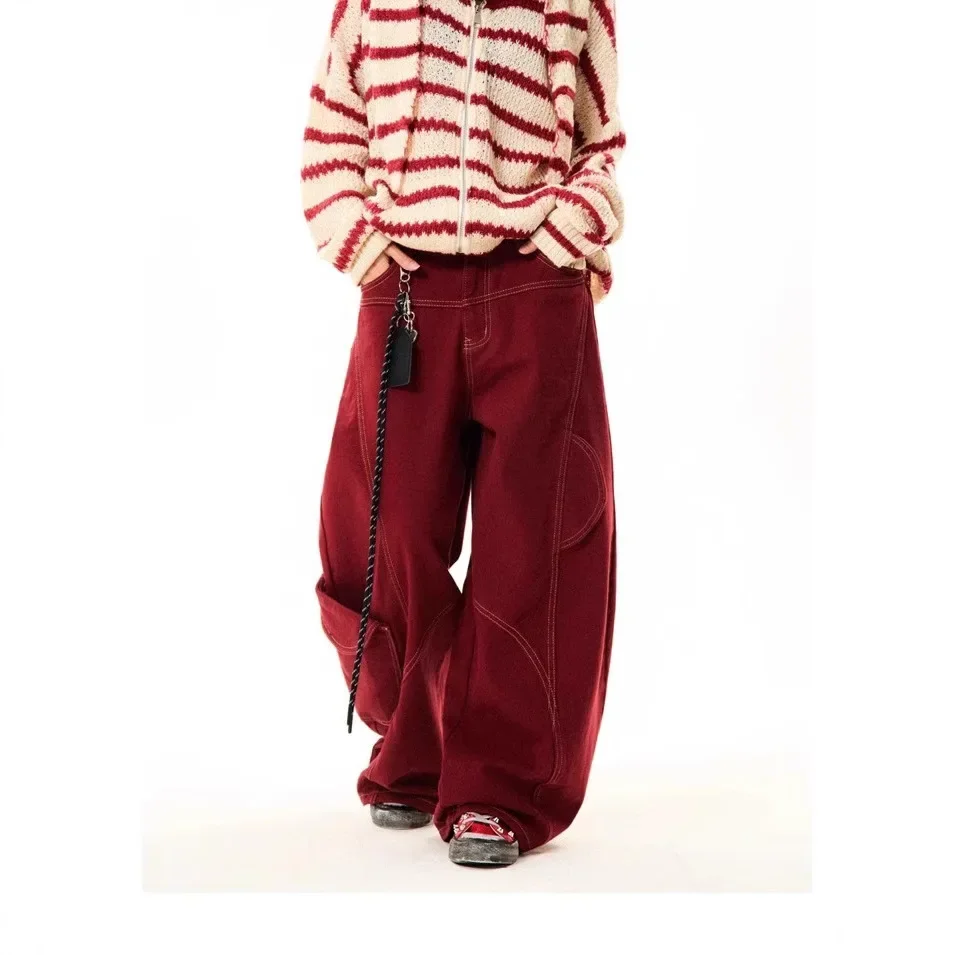 Pop American Retro Deconstructed Red Workwear Wide Leg Jeans Women High Street Vibe Design Loose Fit Denim Pants