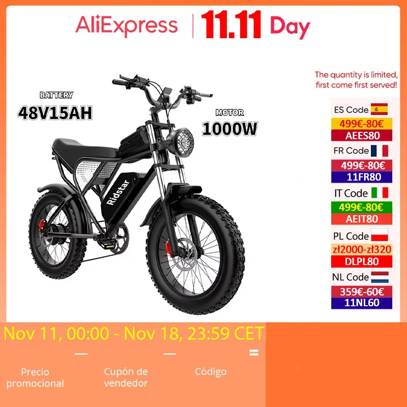 Q20 E Bike 1000W Powerful Motor 48V15AH Lithium Battery Electric Bicycle 20Inch Fat Tire 7-Speed Off-road mountain Electric Bike