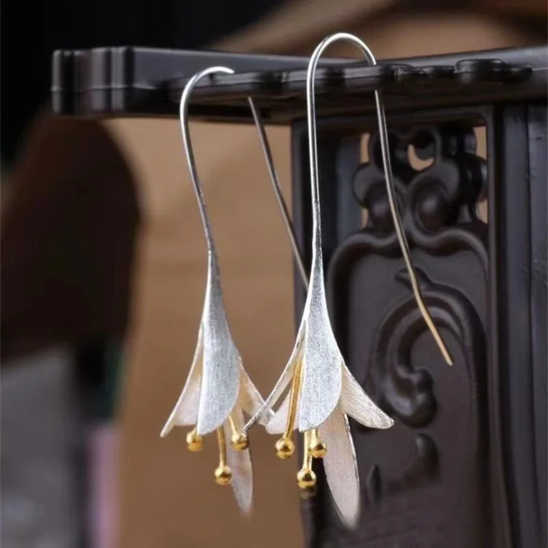 Design Sense Vivded Sliver Lily Flower Drop Earrings Vintage Plant Fashion Jewelry Women for Daily