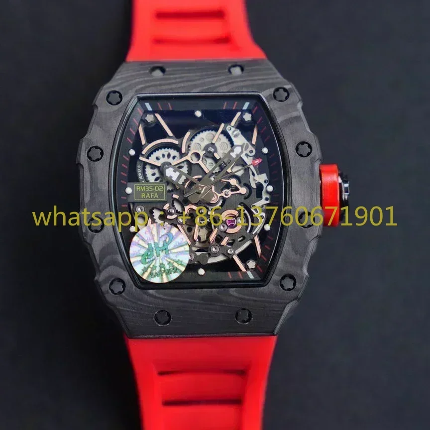 Luxury New Mens Watch Automatic Mechanical Movement Watches Full Black Carbon Black Red Rubber Tourbillion Glass Back