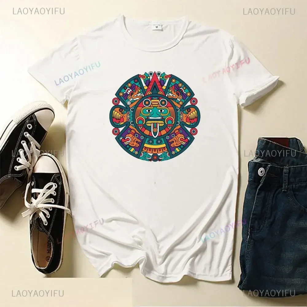 Colorful Mayan Aztec Calendar Art Fashion Men's T-shirt Short Sleeve Aztec Mythological Shirts Mexican Gods Unisex Tee Clothing