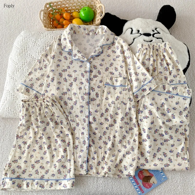 

Korean Ins Style Three-Piece Woman Pajamas Set Spring Autumn Wrinkled Cloth Pyjama Short Sleeve Pants Flower Pijama Loungewear