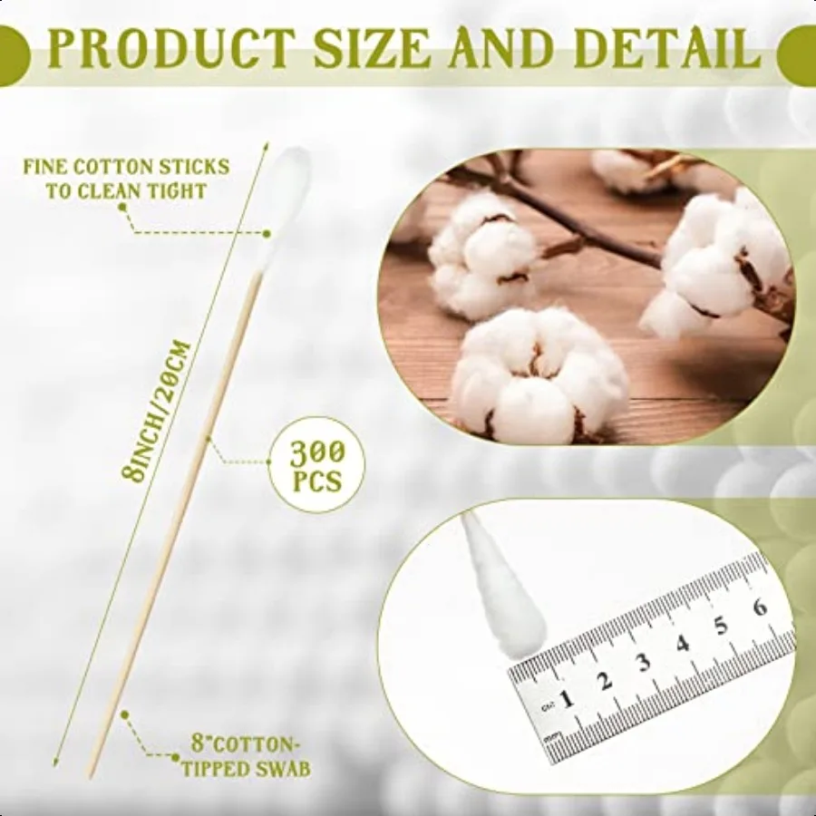 300 Pcs 8 Inch Large Cotton Swabs with Bamboo Handle Oversized Extra Long Cotton Tipped Applicators with Large 1 2 Diameter Ear