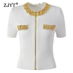 ZJYT Fashion Women's Summer Beading Luxury Knitting Tops Sweaters Female Short Sleeve Zipper White Black Knitwears Elegant