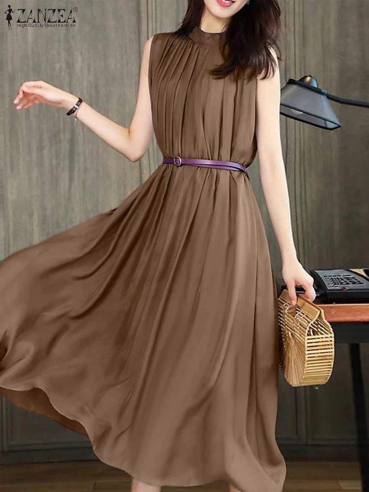 ZANZEA Vintage Summer Swing Blue Tank Dress Women Elegant Pleating Long Sundress Holiday Casual Robe Fashion Stand Collar Dress