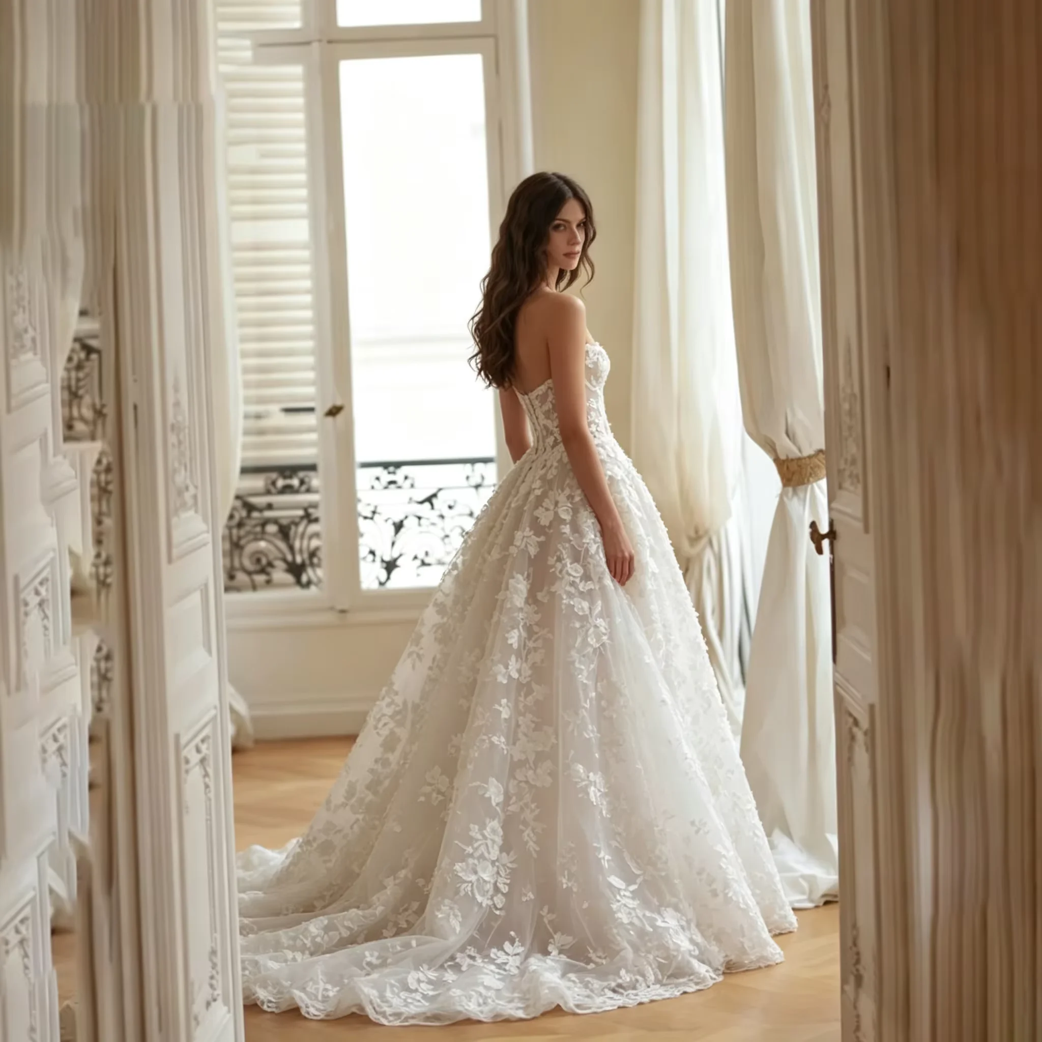 LSYX 2026 Trendy Strapless Deep V Neckline 3D Floral Lace-Embellished Sheer Illusion Sexy Wedding Dress Long Train Bridal Gowns