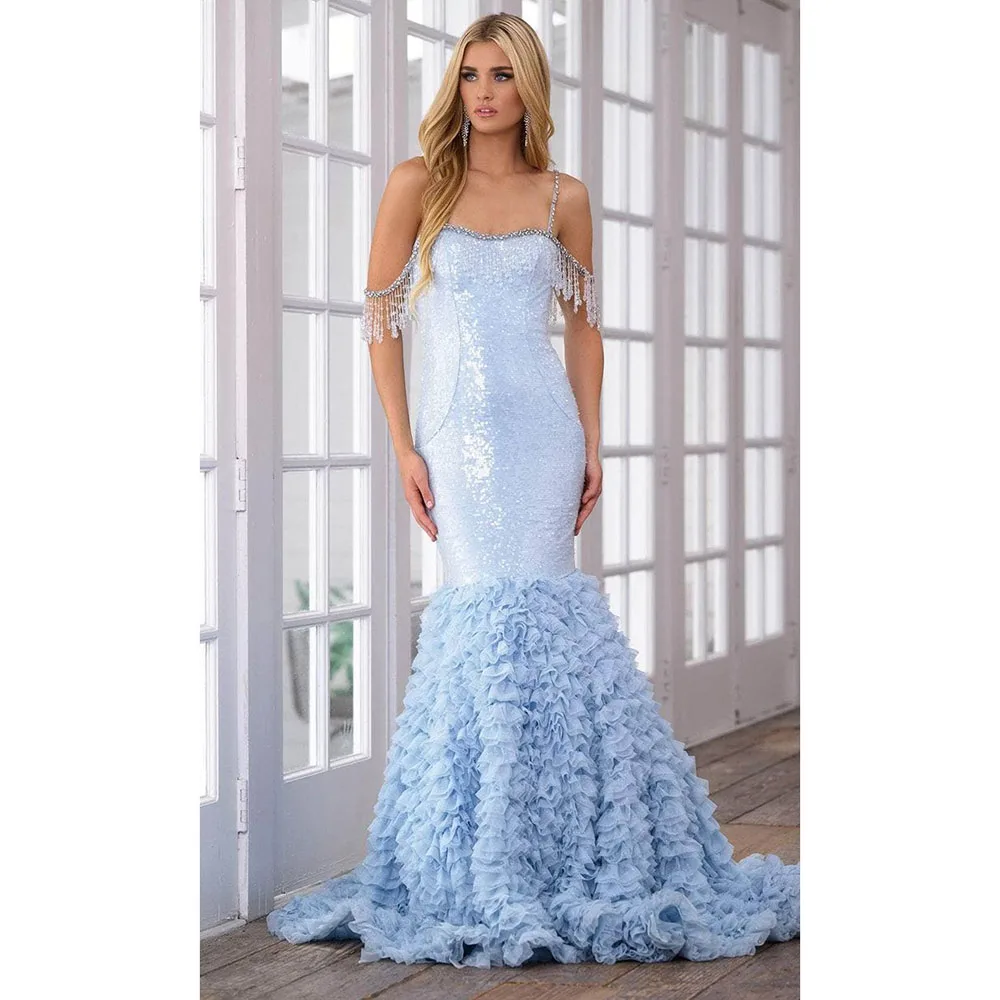 Requintado azul claro feminino baile de formatura vestidos de lantejoulas trompete até o chão cinta espaguete princesa banquete vestidos de festa à noite