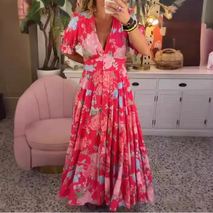 2025 Sping Summer Boho Donna Maxi Dress Casual Manica corta A-line Balza Beach Abiti da donna Abiti floreali Vestidoes Mujer