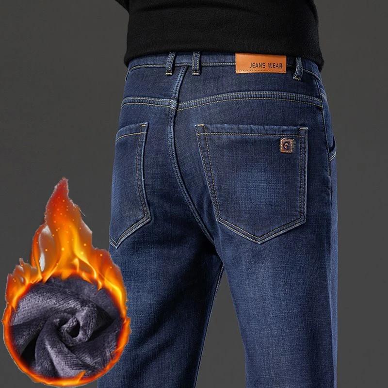 2026 Hot Sale Snow Warm Plush Fleece Jeans Men Fashion Blue Black Windproof Denim Pants Male Straight Leg Casual Trousers