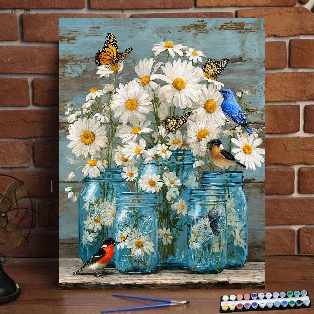 

Картина по номерам, пять бутылок маленьких ромашек, цифровая живопись, ручная работа, подарок для взрослых и детей, украшение на стену D