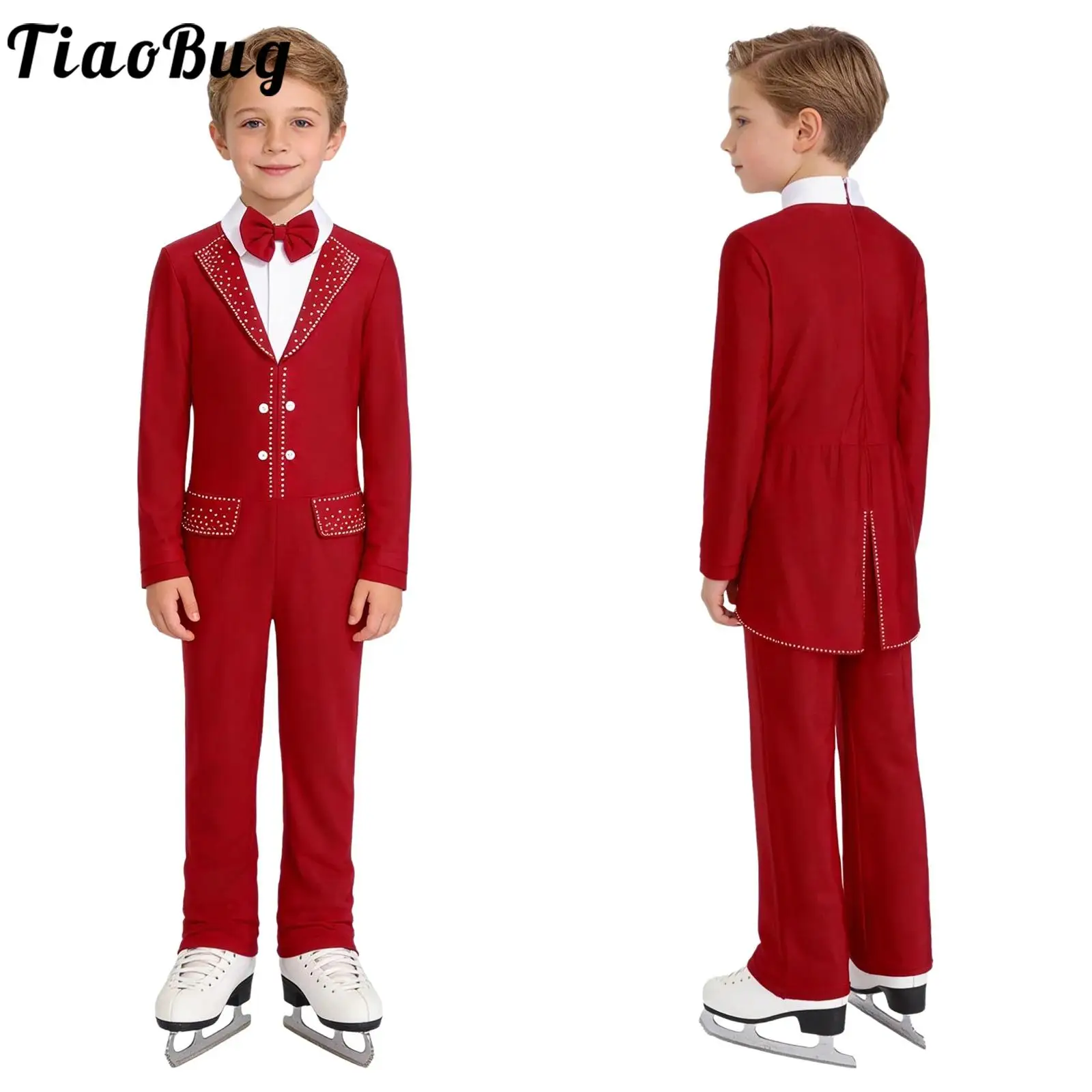 

Kids Boys Figure Skating Modern Ballet Dance Costume Long Sleeve Bow Tie Zipper Jumpsuit for Jazz Latin Performance Competition