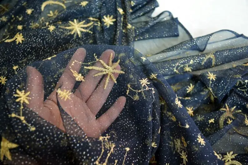 

4 colors Gold Star Moon Embroidery Lace Fabric Gold Glitter dot Floral Tulle For Girl Dress, Top Blouse, , Wedding Background