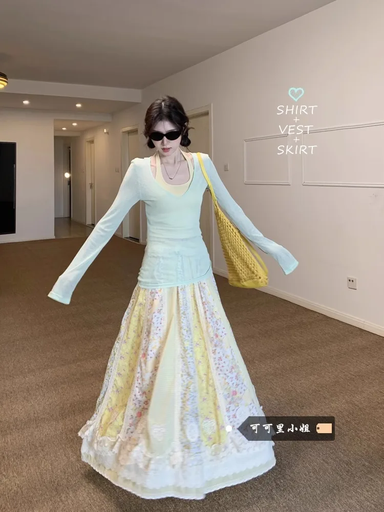 Pure Desire Long Sleeve T-Shirt Lace Shoulder Splice Floral Print Half Skirt Women's Summer Fashion Set Elegant Casual Outfit