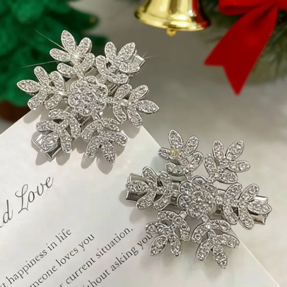 2Pcs Christmas Pearl Rhinestone Snowflake Girls Hair Clip Duckbill Clip Headwear Side Clip Jewelry Accessory Glitter Shiny Gift