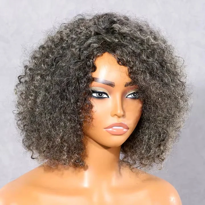 Zout- en peperpruiken 100% echt haar grijze haarkant diepe golf krullende bobpruik HD transparant kant grijze pruiken 12 inch voor vrouwen