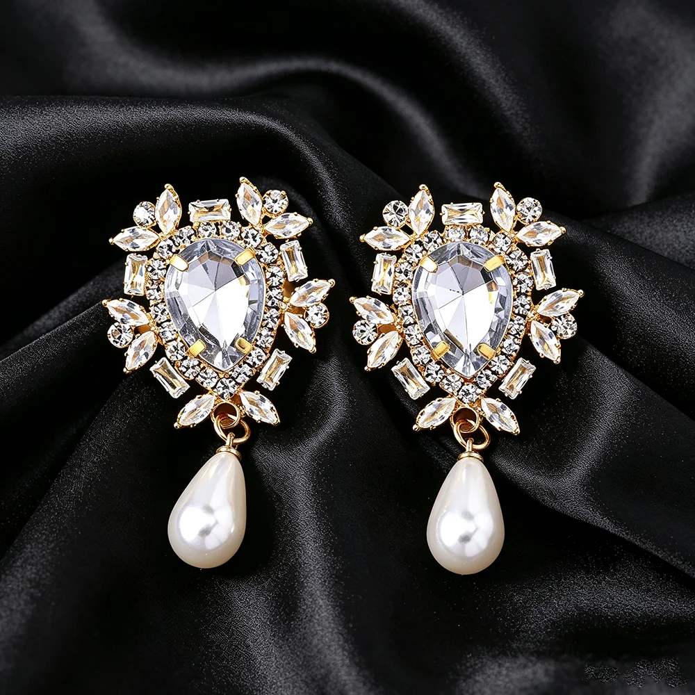 Teardrop Pearl Drop Earrings Crystal Rhinestone Floral Statement Dangle Jewelry for Women Bride Wedding Prom Party Evening Gift
