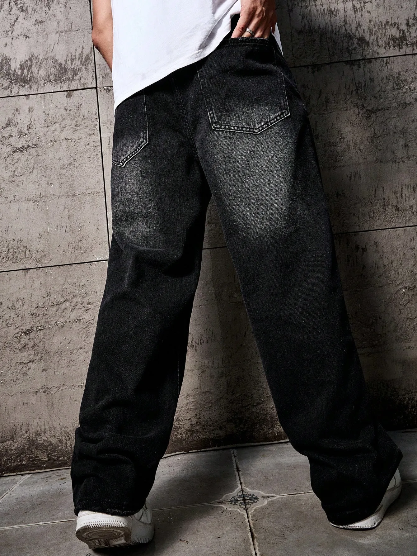 1 قطعة جينز مستقيم مريح للرجال باللون الأسود مغسول وفضفاض وواسع الساق، هدية مثالية للزوج والصديق #2