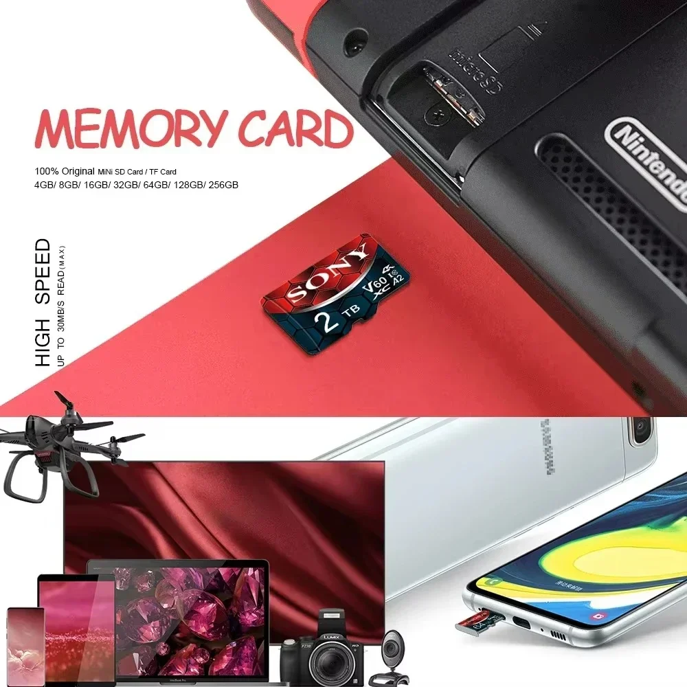 بطاقة سوني مايكرو TF SD 2 تيرا بايت 1 تيرا بايت فئة 10 بطاقة ذاكرة عالية السرعة U3 4K 512GB 128GB 256GB TF بطاقة فلاش للهواتف الذكية كاميرا بدون طيار