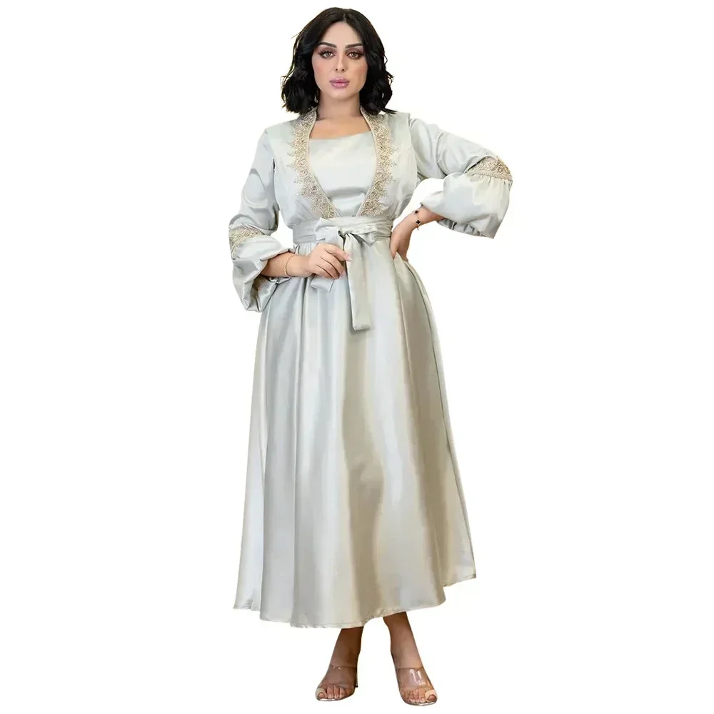 Imitation Silk Belted Dress Fake 2pcs Gown Middle East Lace Applique Evening Dress Muslim Lantern Sleeve Robe Dubai Arab Kaftan