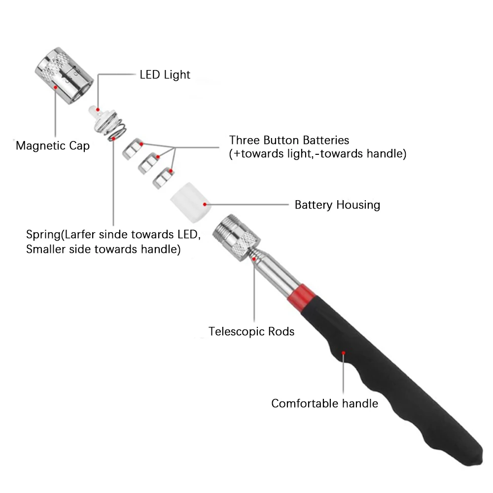 Mini bolígrafo magnético de espejo de Metal telescópico portátil, linterna, varilla magnética, herramienta de recolección de piezas, capacidad para