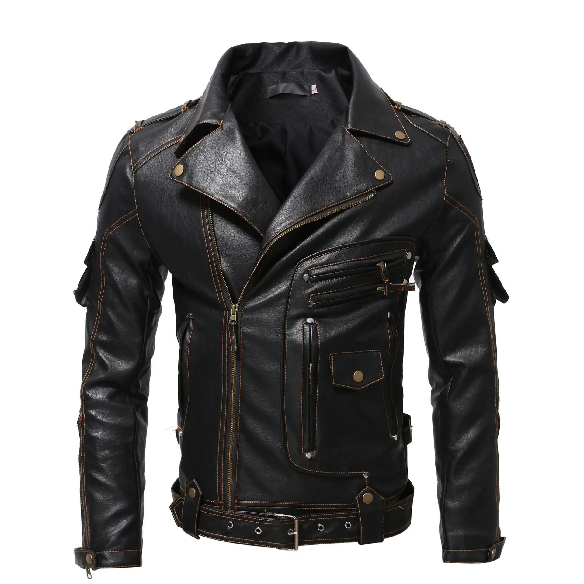 

Men's Fashion Faux Leather Biker Jacket Slim Fit PU Motorcycle Rider Coat With Multi Pockets And Zippers Windproof Outerwear