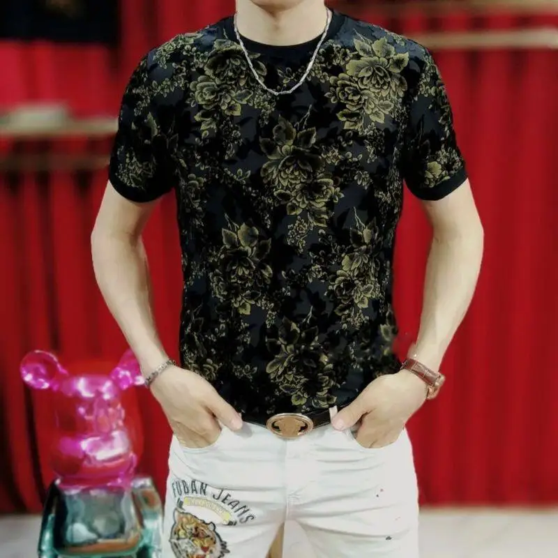Premium Elastic Flocking T Shirt For Men Short Sleeve Breathable Summer Quality Burn Out European Style Trends Fashion Camisetas