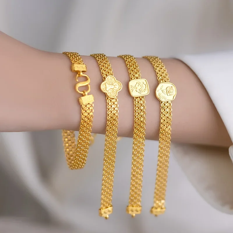 

9999 Real Gold 24K Niche Light Luxury Premium Woven Little Prince Dial Bracelet Gold Design Rose Wide Bracelet