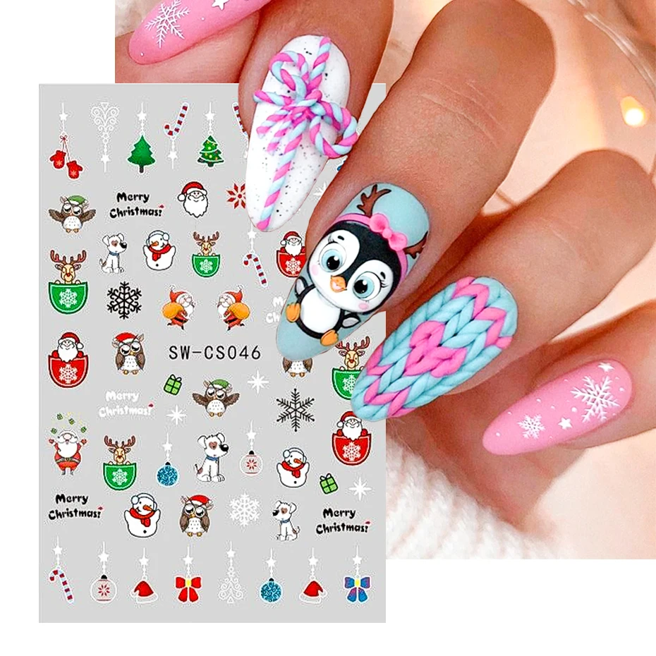 3D Christmas Nail Art Stickers Winter Cute Penguins Holly Santa Snowflakes Elk Manicure New Year Nail Slider Decorations BESW-CS