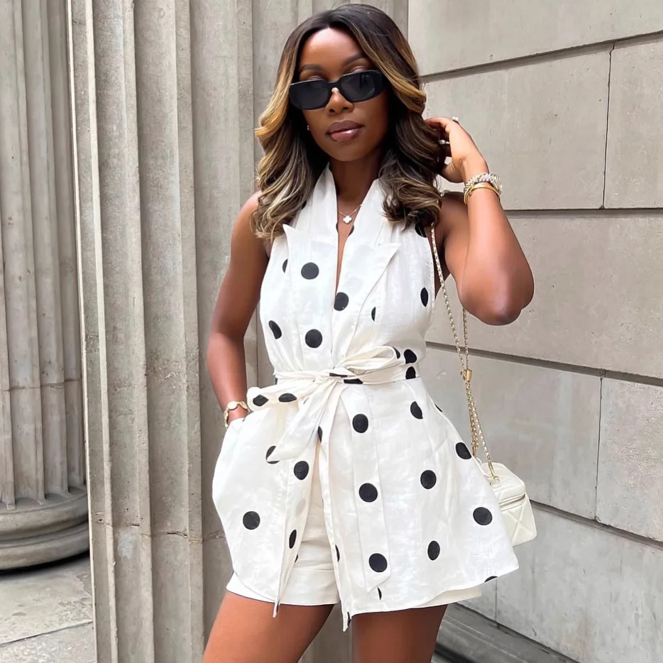 

2026 Polka Dot Print Short Two Piece Set Women Fashion Sexy Backless Belt Leace-up Halter Neck Tops Shorts 2 Piece Sets Female